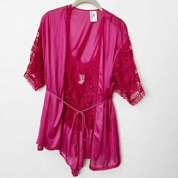 [Vintage] 80s Undercover Wear Pink Floral Lace Lingerie Teddy & Robe Sz Small S - Picture 1 of 15